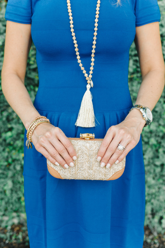 blue_dress_clutch_tassel_necklace_palm_beach