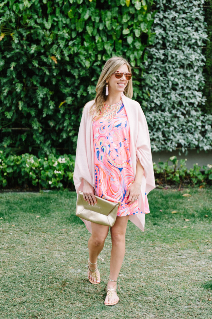 palm_beach_worth_avenue_pink_lilly_pultizer_dress_cashmere_wrap_gold_clutch_aviators_tassel_earrings_gladiator_sandals