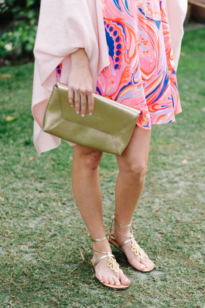 palm_beach_worth_avenue_pink_lilly_pultizer_dress_cashemere_wrap_gold_clutch_gladiator_sandals