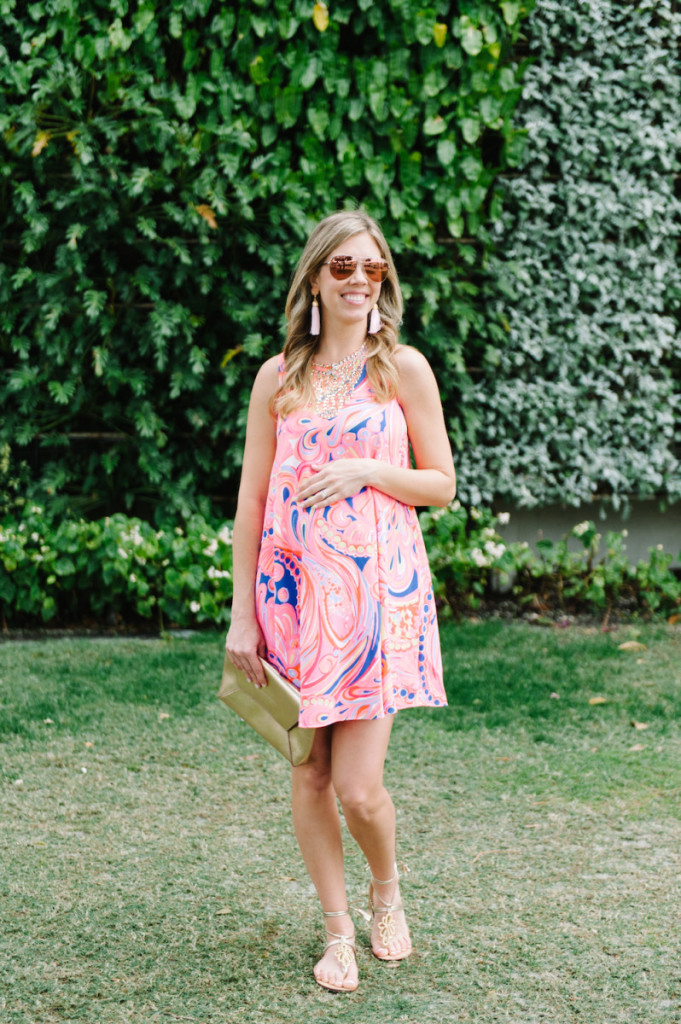 palm_beach_worth_avenue_pink_lilly_pultizer_dress_gold_clutch_aviators_tassel_earrings_gladiator_sandals