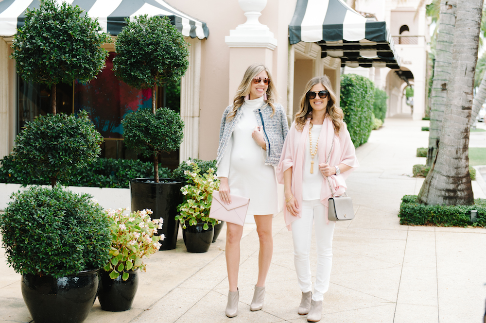 winter_outfits_worth_avenue_palm_beach_white_dress_tweed_jacket_blush_cashmere_wrap_booties_sunglasses_bags