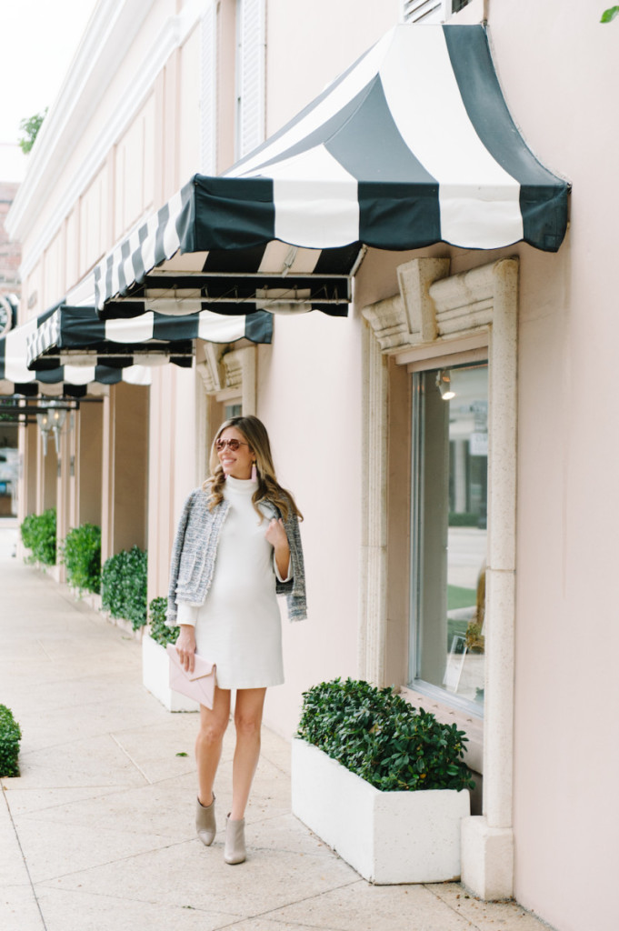 winter_outfit_worth_avenue_palm_beach_white_dress_tweed_jacket_booties_sunglasses_pink_clutch