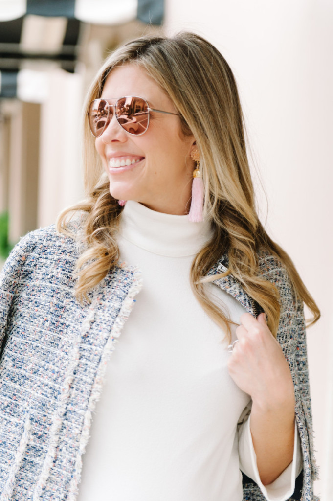 winter_outfit_worth_avenue_palm_beach_white_dress_tweed_jacket_pink_tassel_earrings_sunglasses