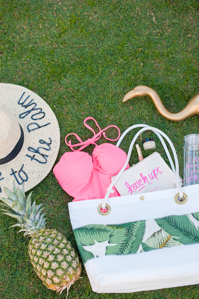 banana_leaf_tote_ pink_bathing_suit_water_bottle_cosmetic_case_sun_hat_pineapple_flamingo_ashley_brooke_designs_palm_beach_lately