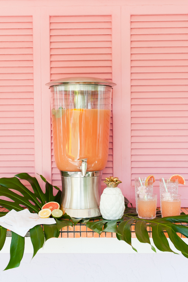 carleton_varney_frontgate_palm_beach_lately_the_colony_hotel_drink_dispenser_cups_fruit_straws_brunch_pinepapple_banana_leaf_palm_leaves_pink_mint_green_mothers_day