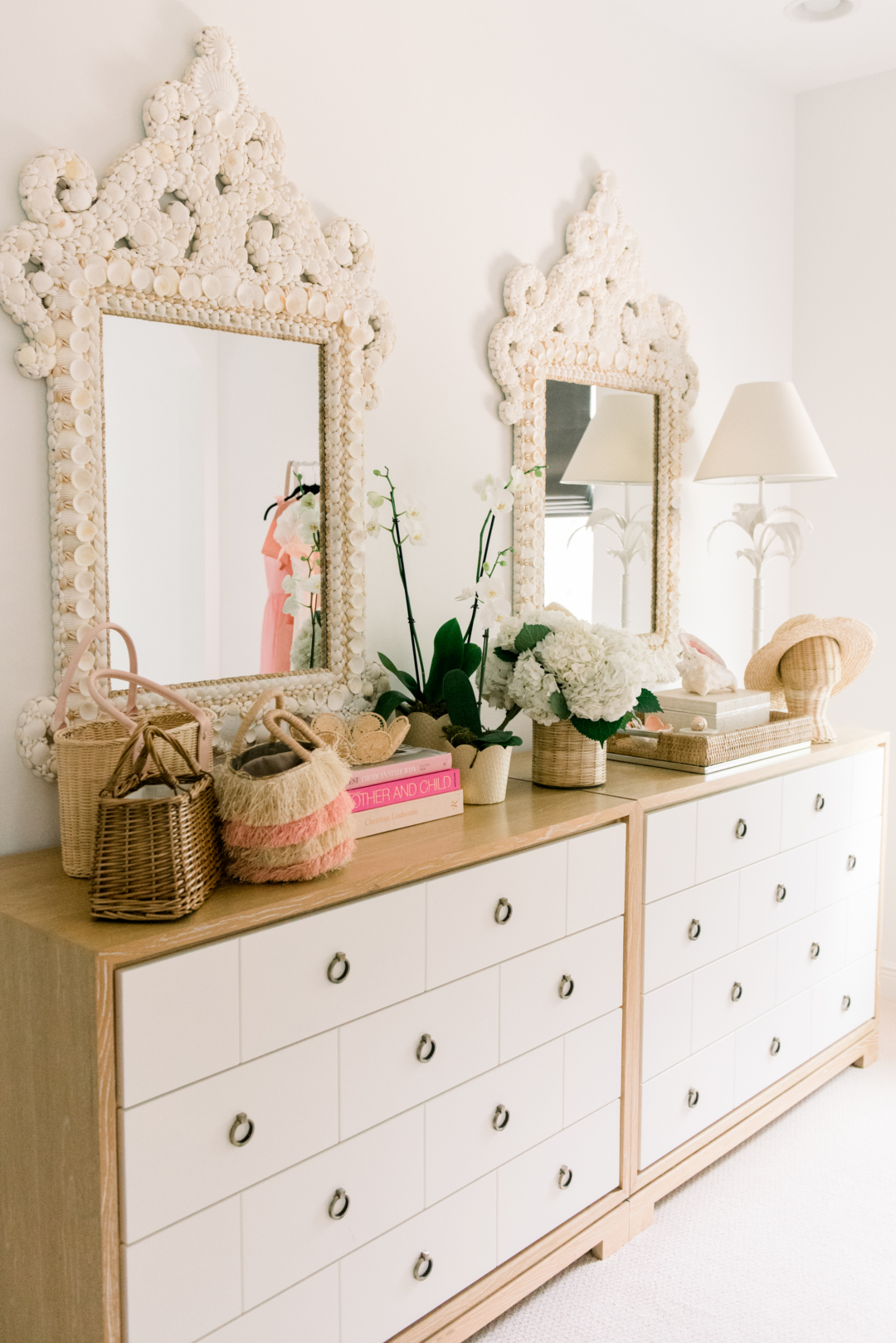 blush and shell dresser decor 