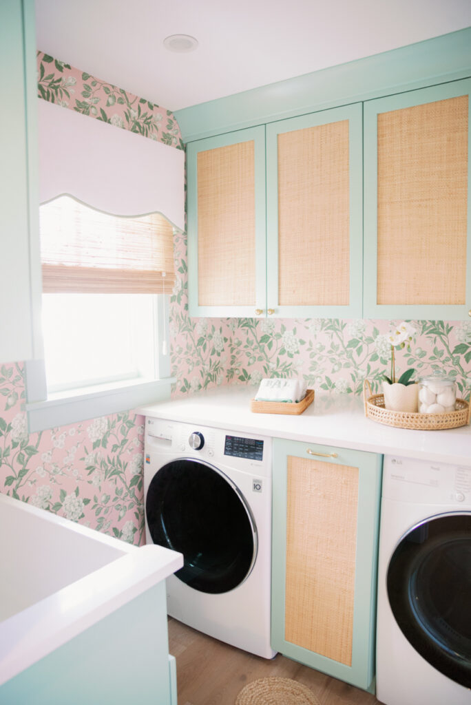 Green cabinets with woven inlay